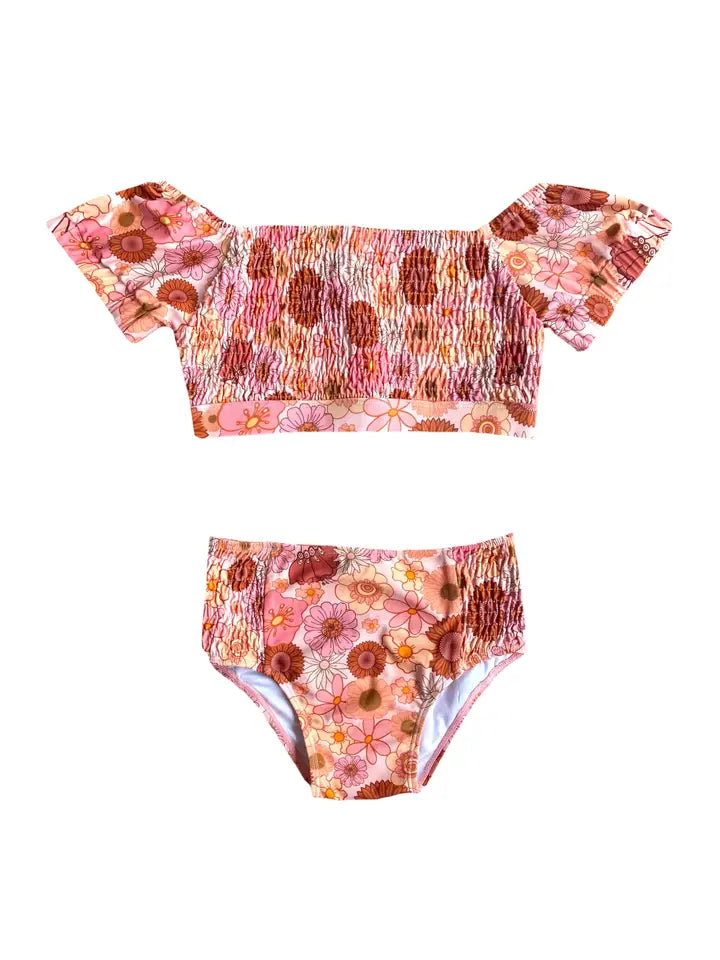 Quincy Bardot Bubble Sleeved Bikini Print Girls