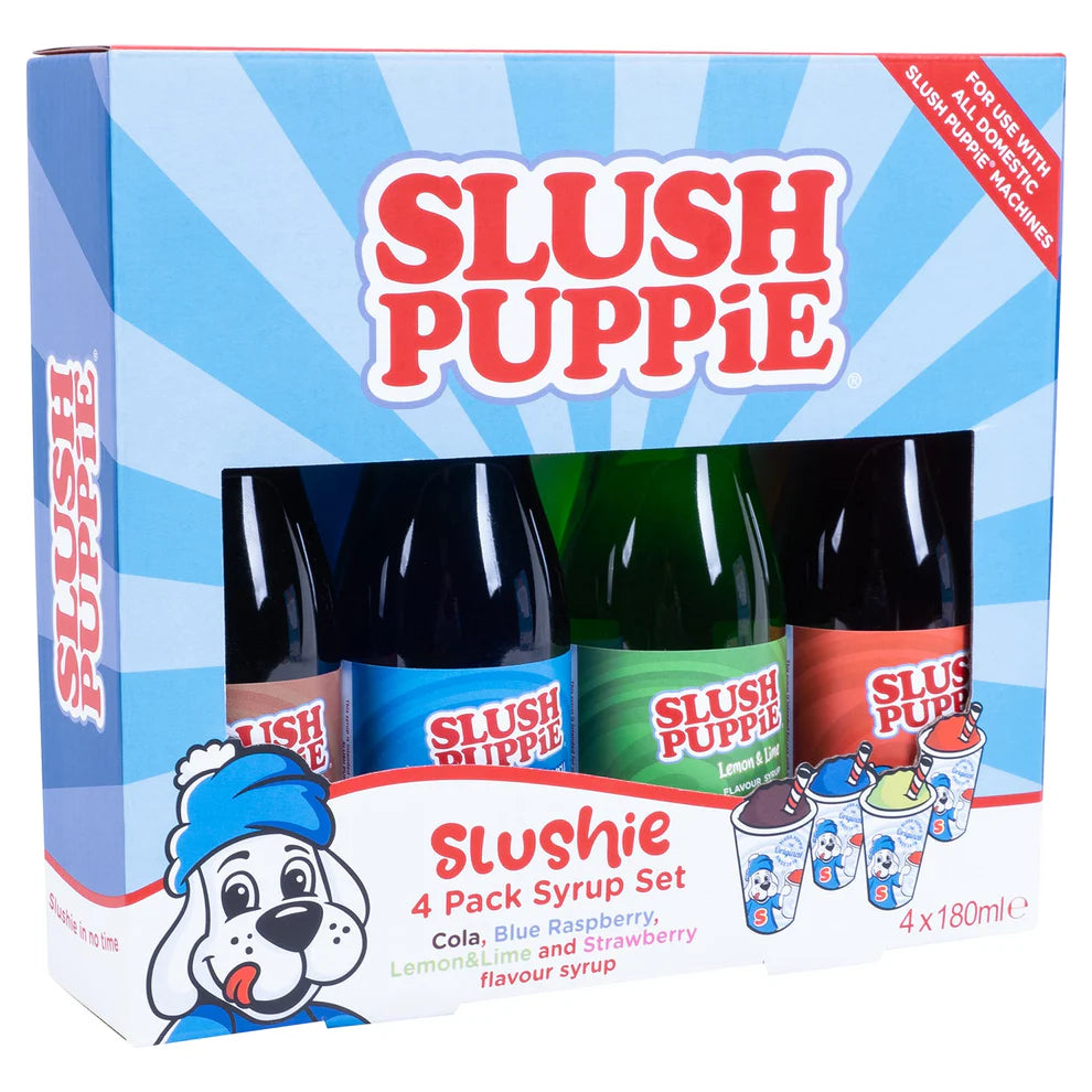 Slush Puppie - 4 Pack Syrups, Blue Raspberry, Strawberry, Cola, Lemon/Lime 180ml