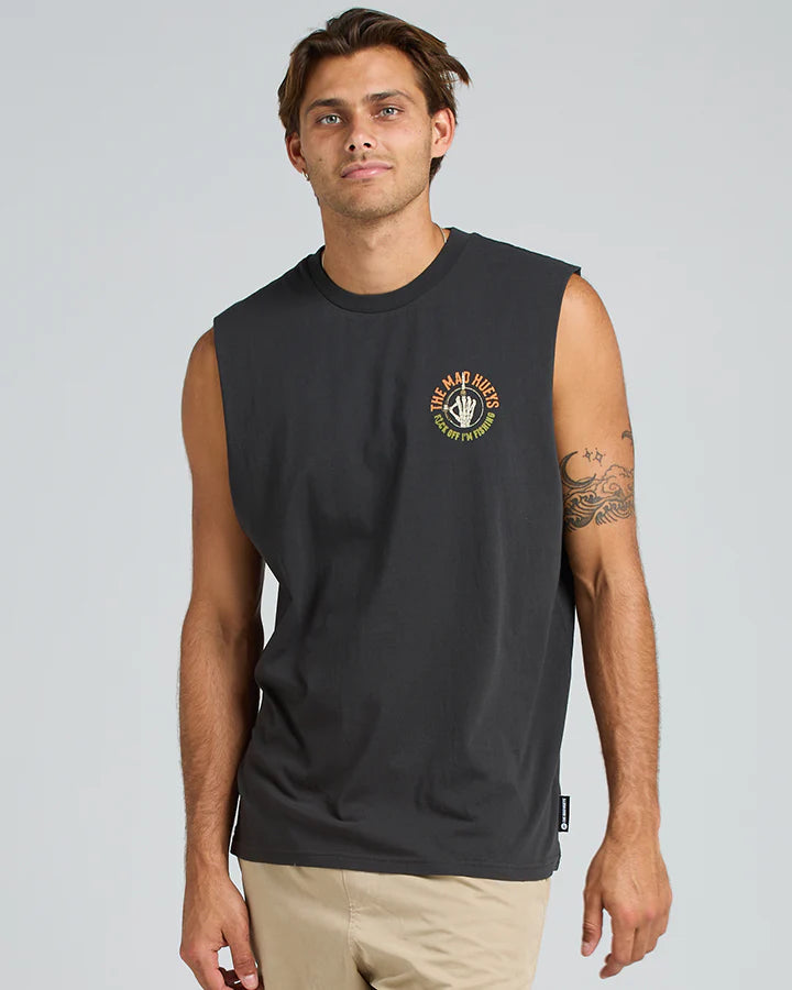 THE MAD HUEYS - FK OFF IM FISHING MUSCLE VINTAGE BLACK
