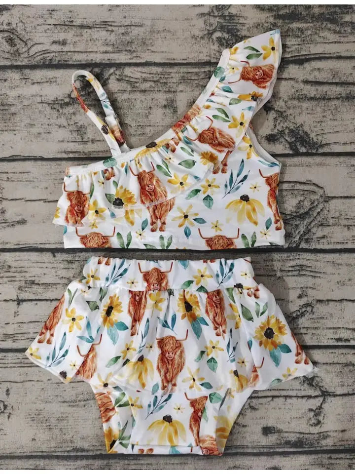 AW VALA Girls Western Cow Sunflower Swimsuit 2 piece