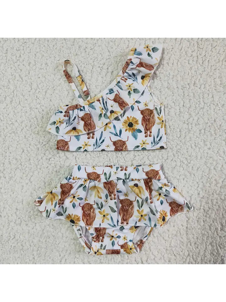 AW VALA Girls Western Cow Sunflower Swimsuit 2 piece